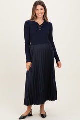Navy Collared Knit Contrast Pleated Skirt Maternity Midi Dress