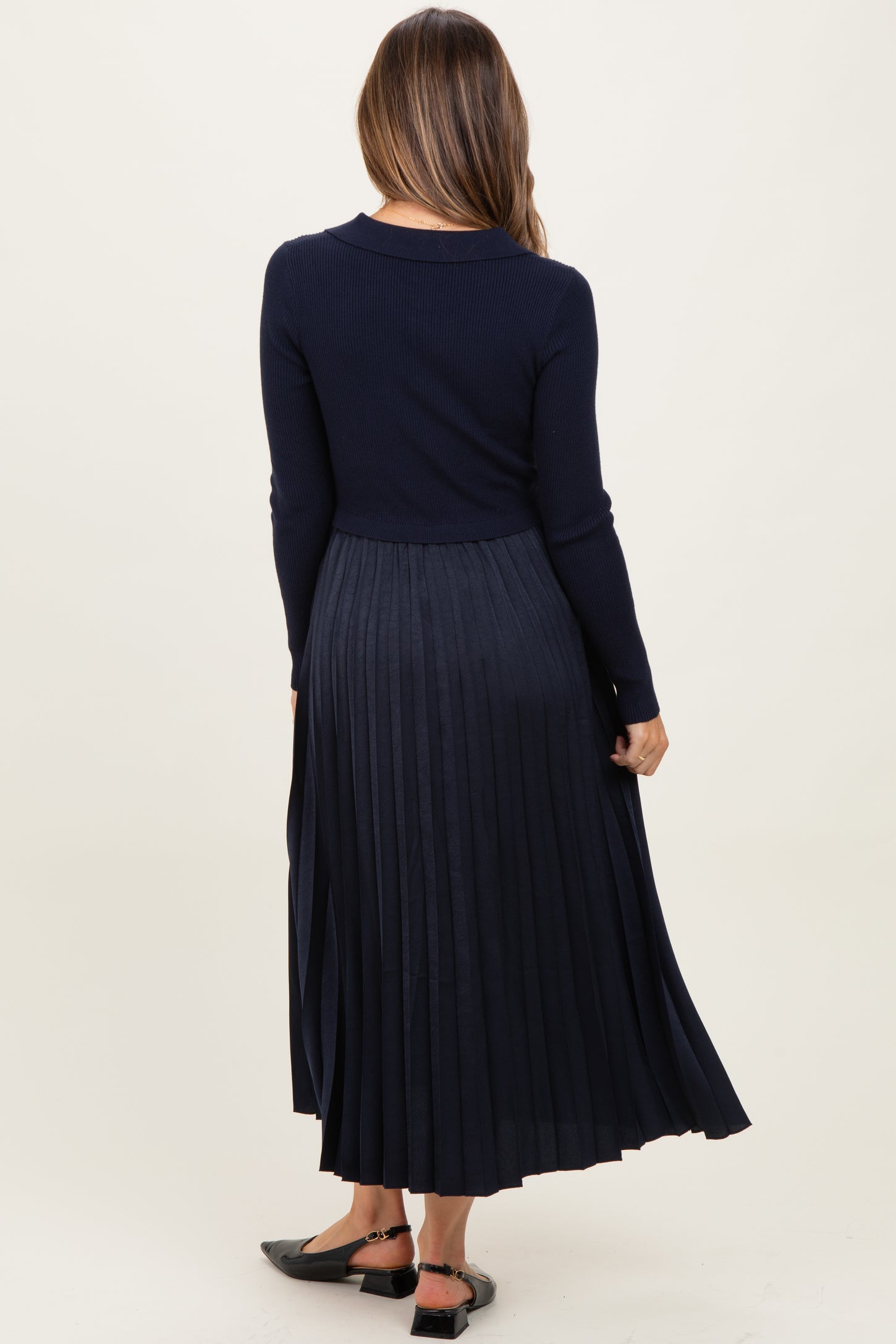 Navy Collared Knit Contrast Pleated Skirt Maternity Midi Dress