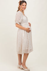 Cream Floral Square Neck Ruffle Accent Maternity Midi Dress