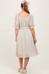 Cream Floral Square Neck Ruffle Accent Maternity Midi Dress