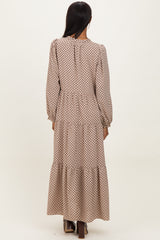 Taupe Plaid Tie Collar Tiered Maxi Dress