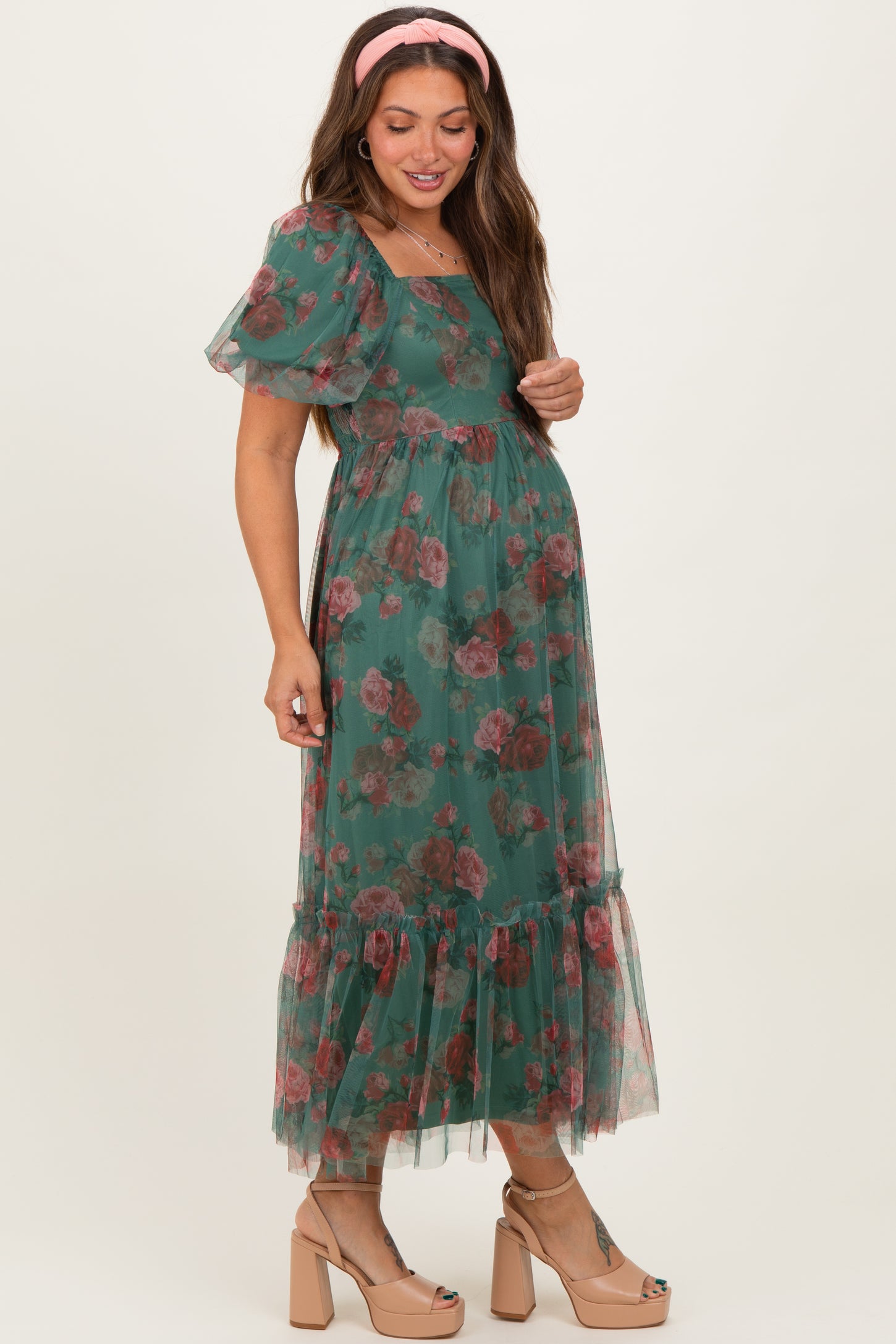 Forest Green Rose Print Tulle Overlay Maternity Midi Dress