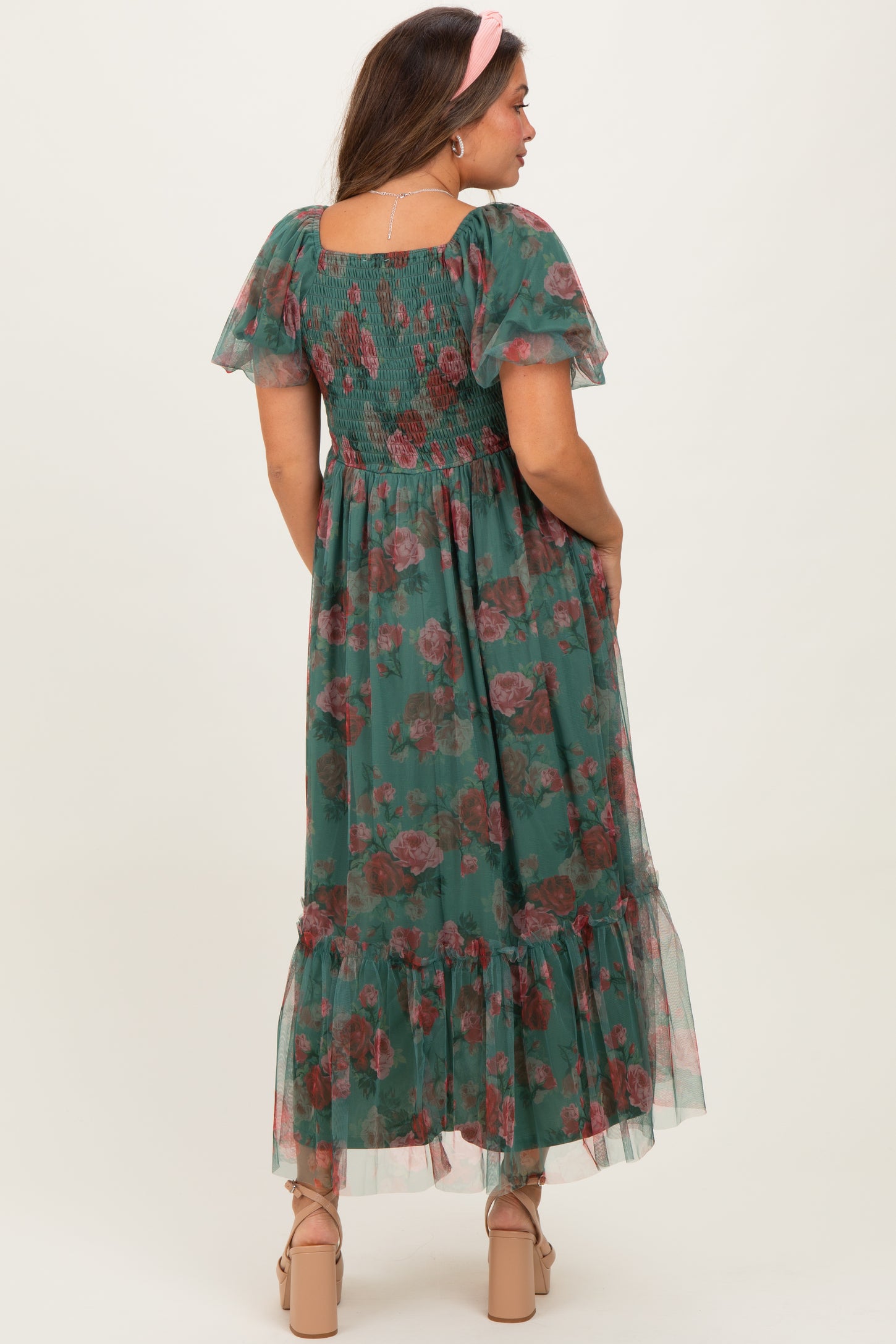 Forest Green Rose Print Tulle Overlay Maternity Midi Dress
