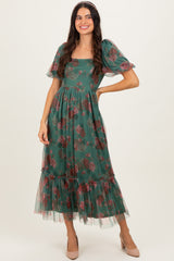 Forest Green Rose Print Tulle Overlay Midi Dress