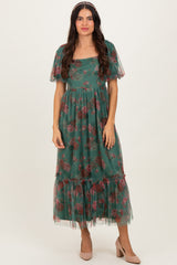 Forest Green Rose Print Tulle Overlay Midi Dress