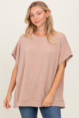 Mocha Solid Ribbed Short Sleeve Oversized Maternity Tunic Top