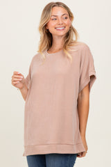Mocha Solid Ribbed Short Sleeve Oversized Tunic Top