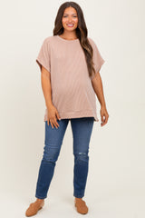 Mocha Solid Ribbed Short Sleeve Oversized Maternity Tunic Top