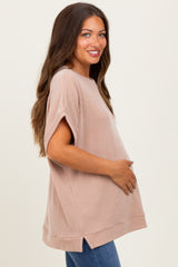 Mocha Solid Ribbed Short Sleeve Oversized Maternity Tunic Top