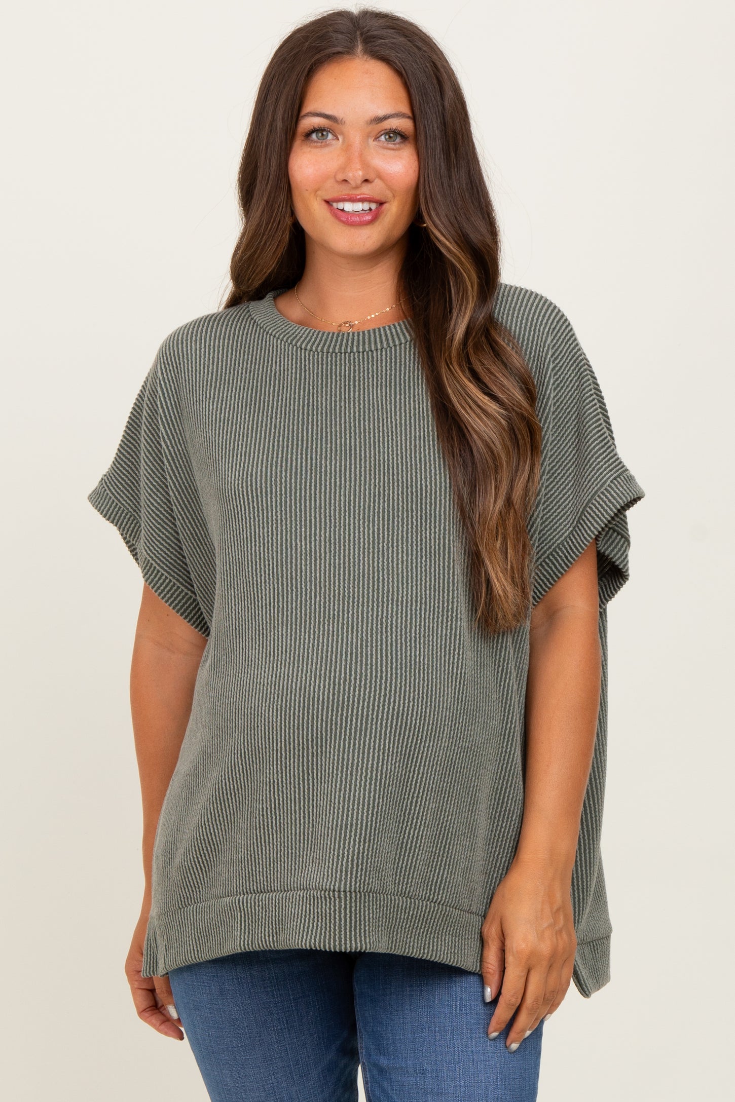 Olive Solid Ribbed Short Sleeve Oversized Maternity Tunic Top