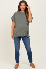 Olive Solid Ribbed Short Sleeve Oversized Maternity Tunic Top