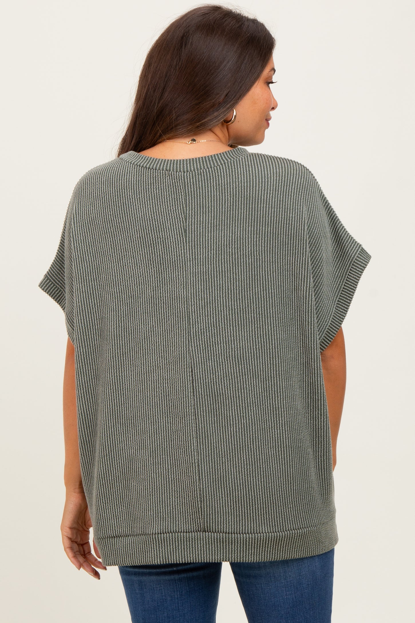 Olive Solid Ribbed Short Sleeve Oversized Maternity Tunic Top