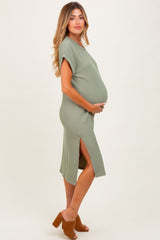 Olive Ribbed Short Sleeve Maternity Midi Dress