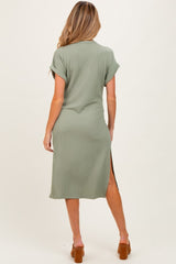 Olive Ribbed Short Sleeve Maternity Midi Dress