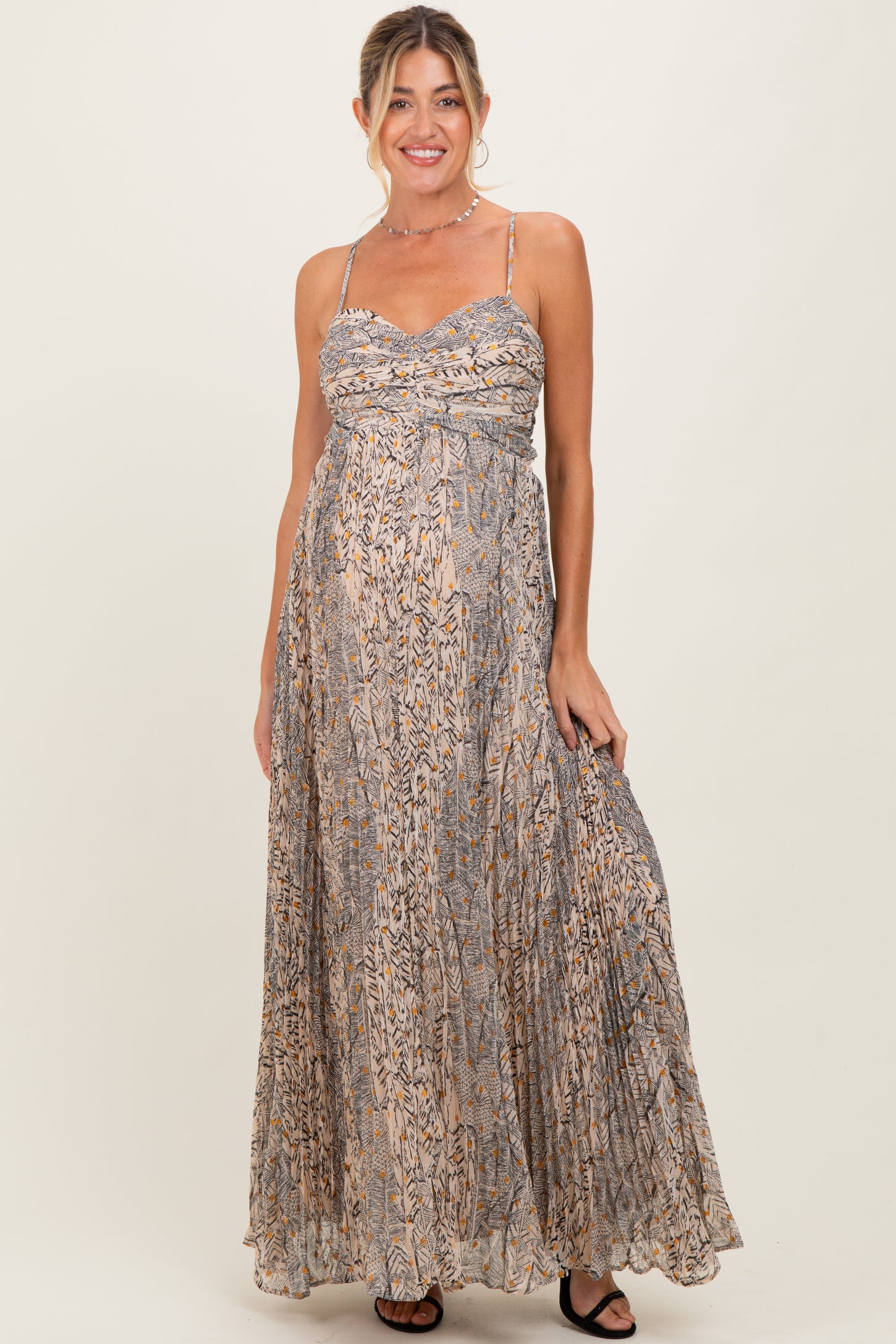 Beige Floral Cutout Tie Back Maternity Maxi Dress