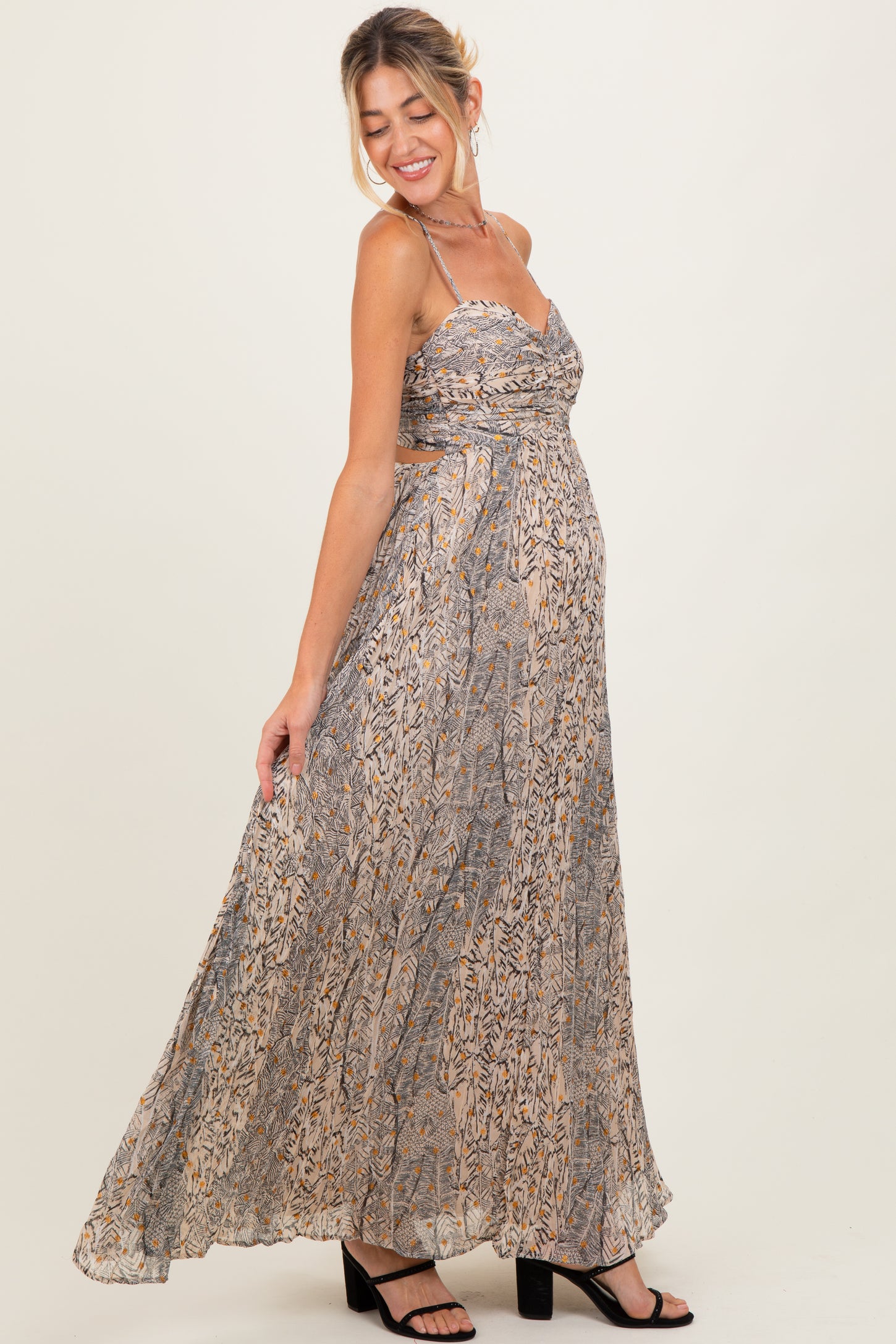 Beige Floral Cutout Tie Back Maternity Maxi Dress