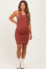 Rust Contrast Stitch Sleeveless Maternity Mini Dress