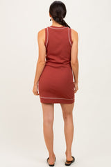 Rust Contrast Stitch Sleeveless Mini Dress