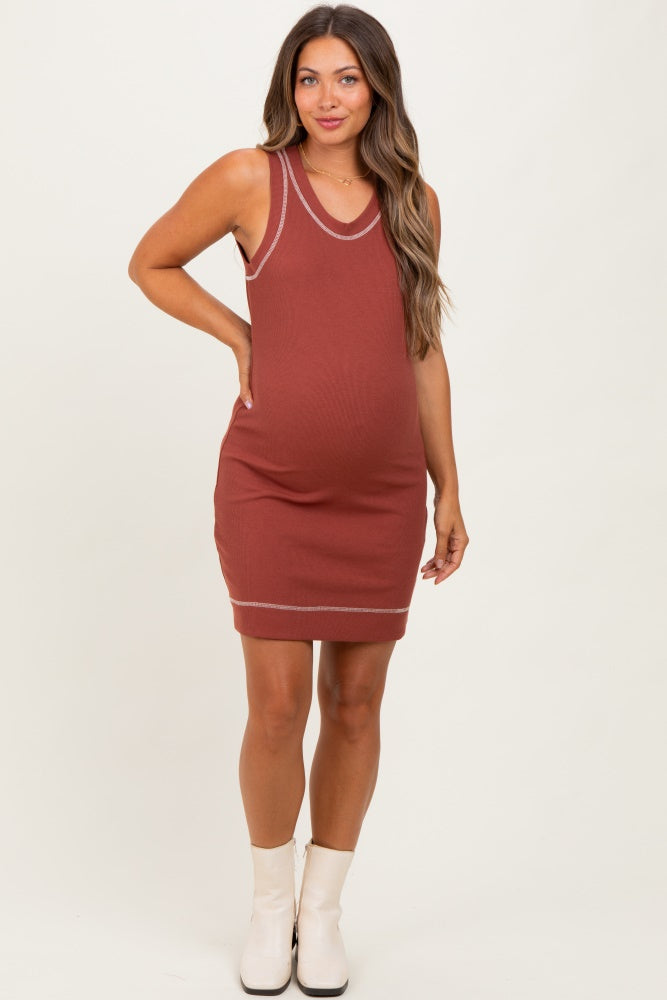 Rust Contrast Stitch Sleeveless Maternity Mini Dress