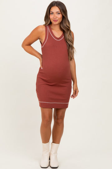 Rust Contrast Stitch Sleeveless Maternity Mini Dress
