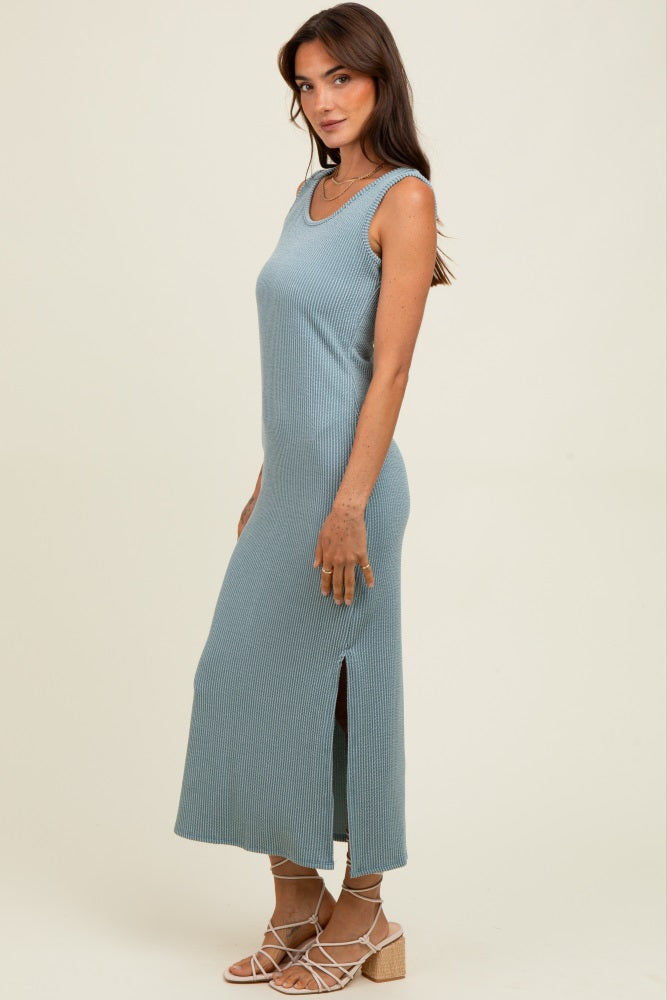 Blue Ribbed Side Slit Maxi Dress