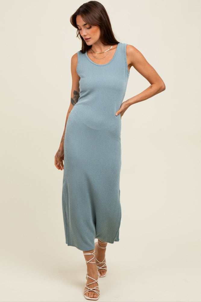 Blue Ribbed Side Slit Maxi Dress