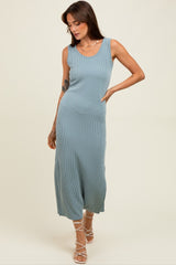 Blue Ribbed Side Slit Maxi Dress