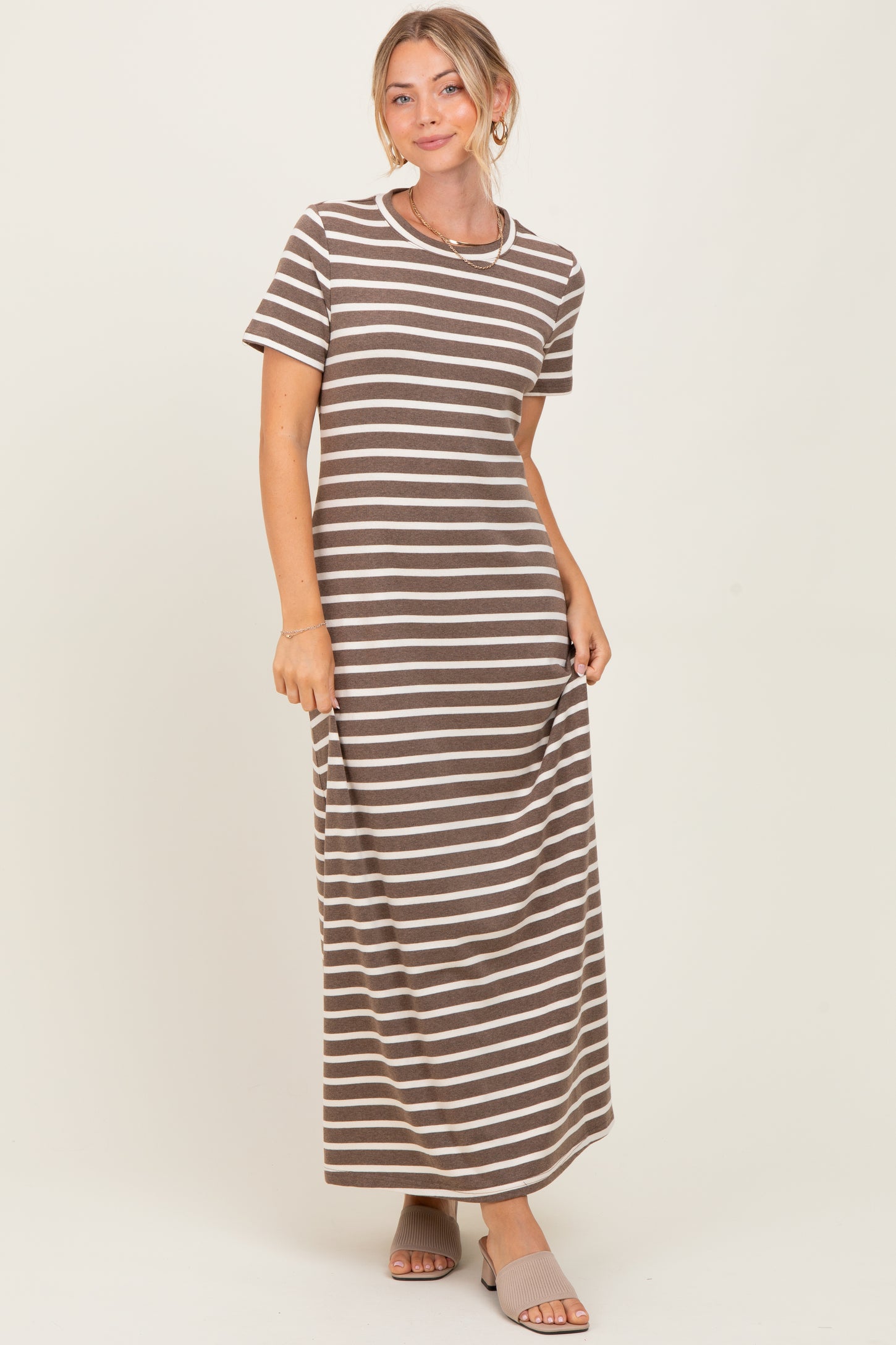 Brown Striped Short Sleeve Maternity Midi Dress