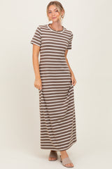 Brown Striped Short Sleeve Midi Dress