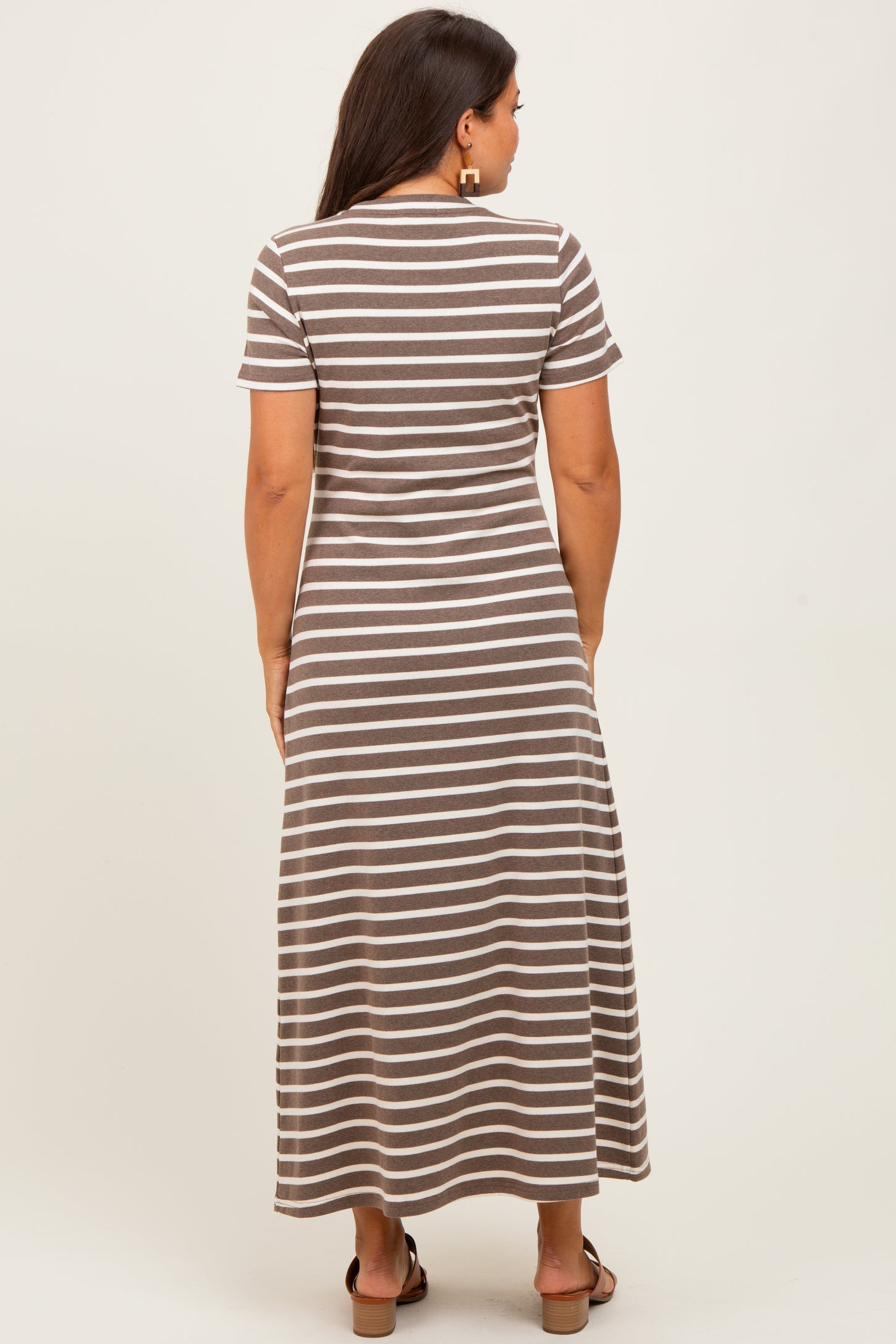 Brown Striped Short Sleeve Maternity Midi Dress