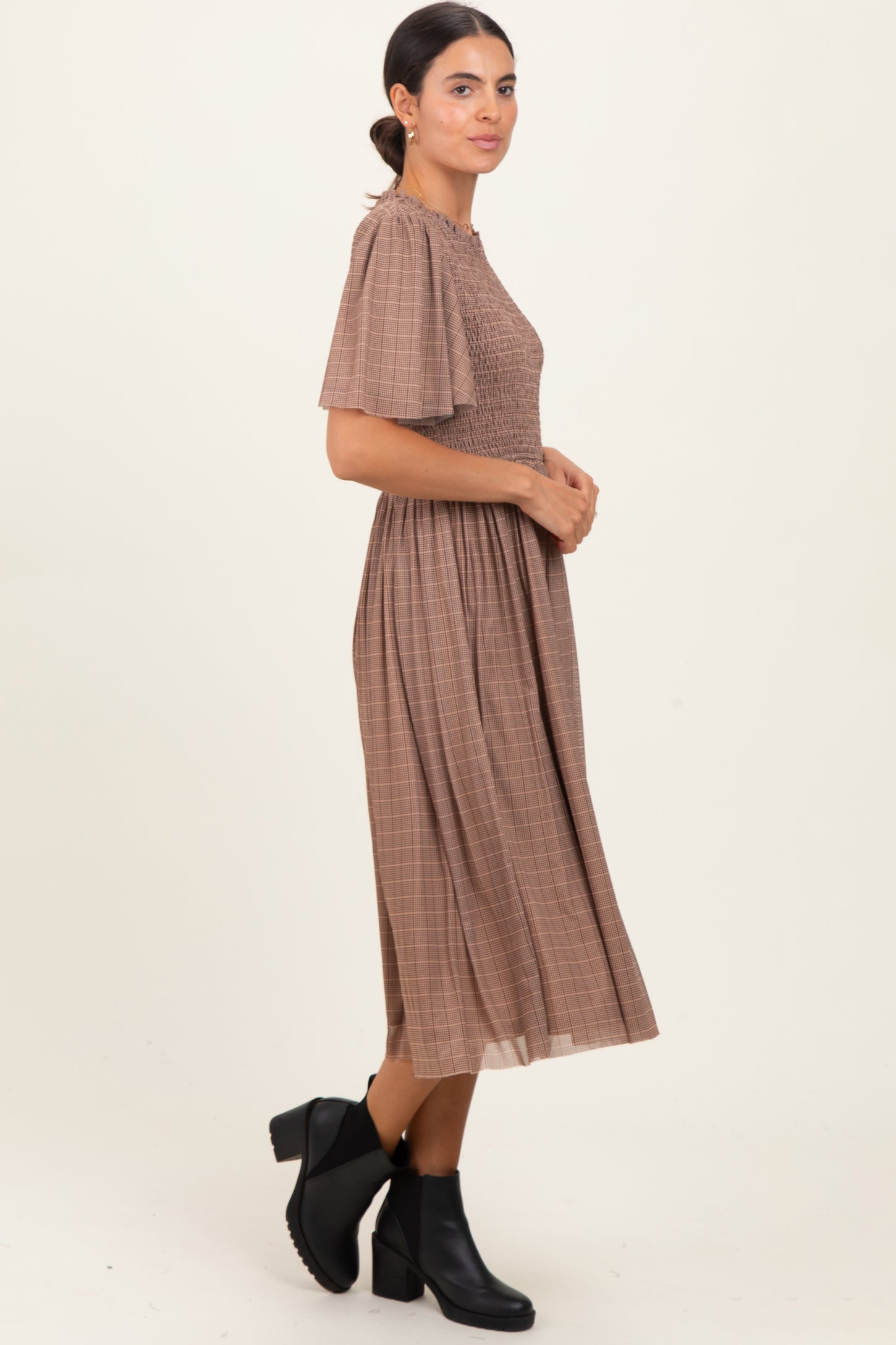 Beige Plaid Smocked Mesh Midi Dress