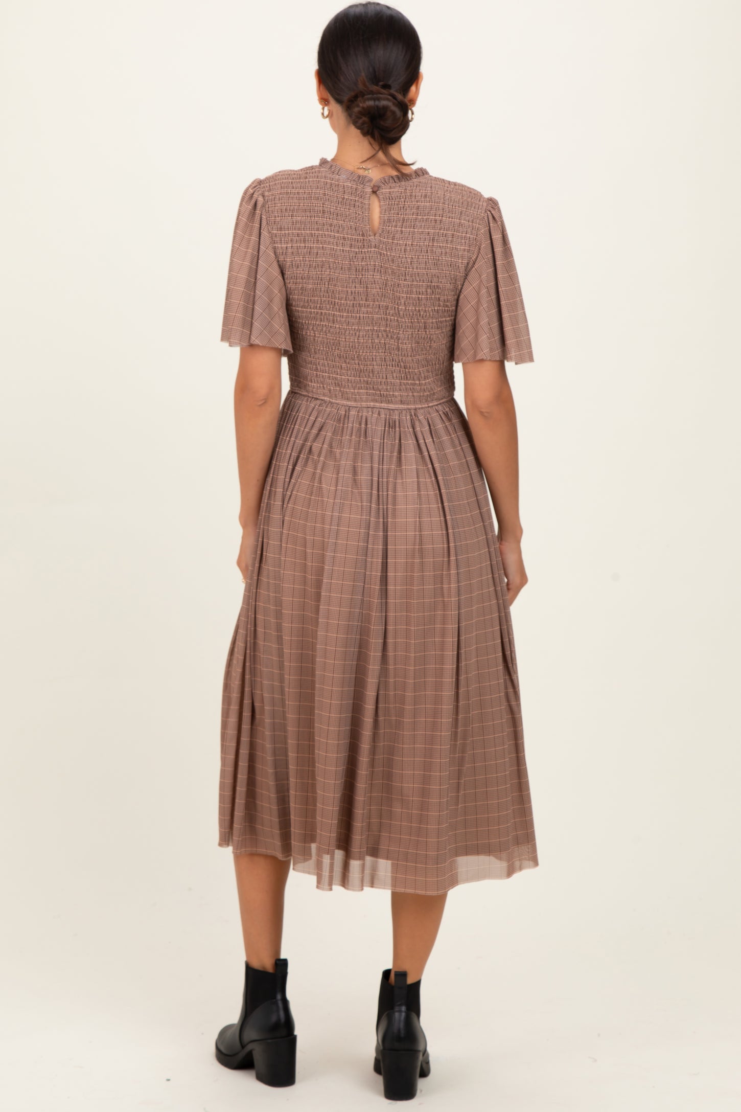 Beige Plaid Smocked Mesh Midi Dress