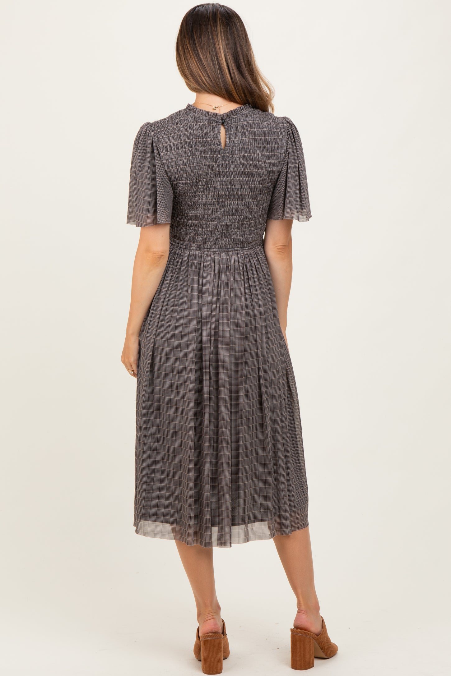 Black Plaid Smocked Mesh Maternity Midi Dress