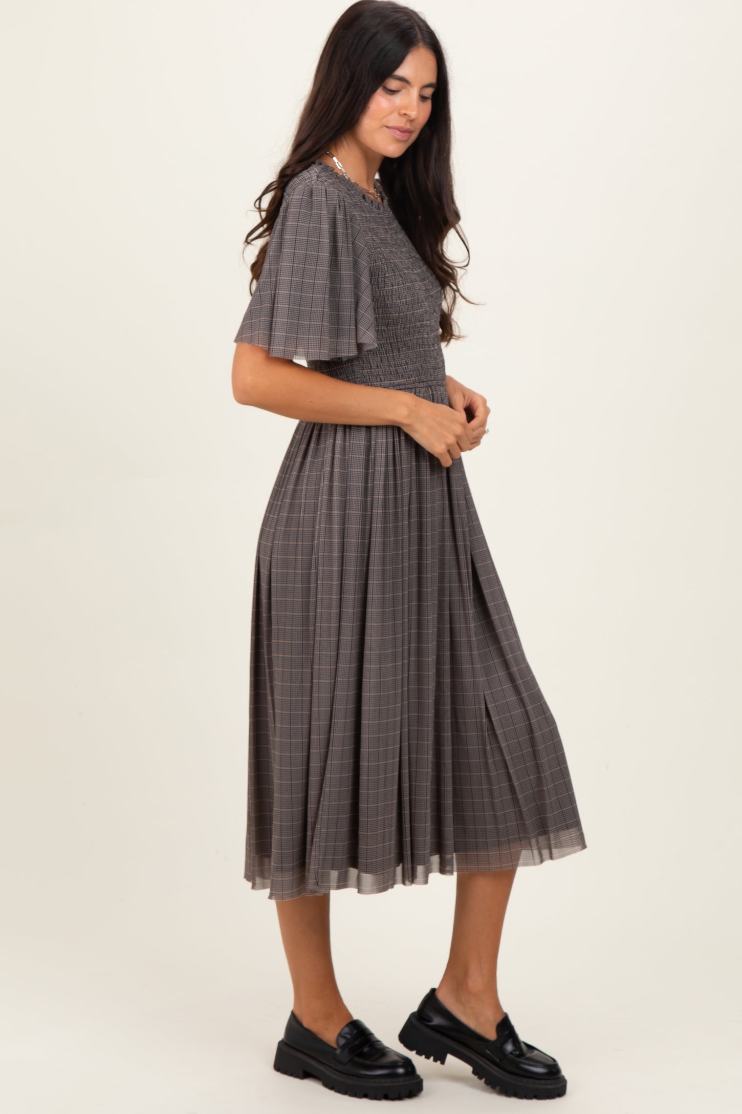 Black Plaid Smocked Mesh Midi Dress