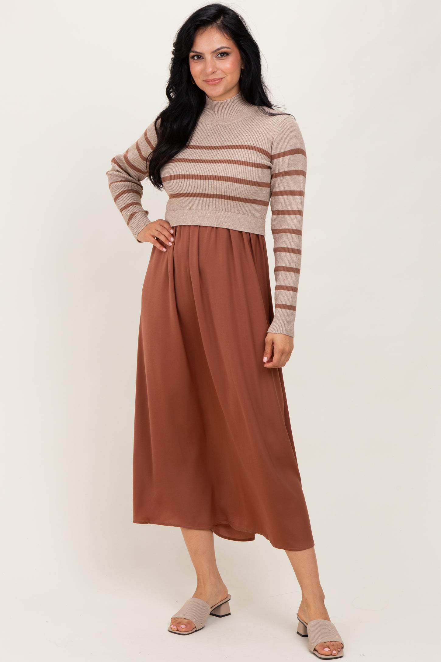 Brown Striped Contrast Sweater Top Maxi Dress