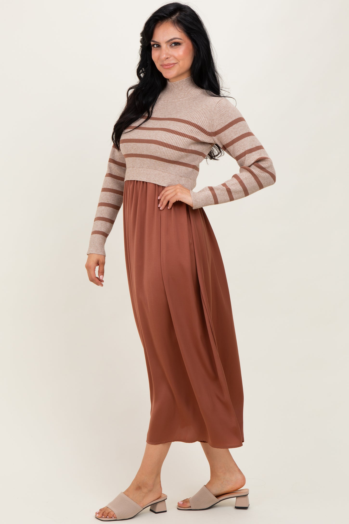 Brown Striped Contrast Sweater Top Maxi Dress