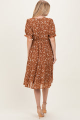 Rust Floral Short Sleeve Tiered Midi Dress