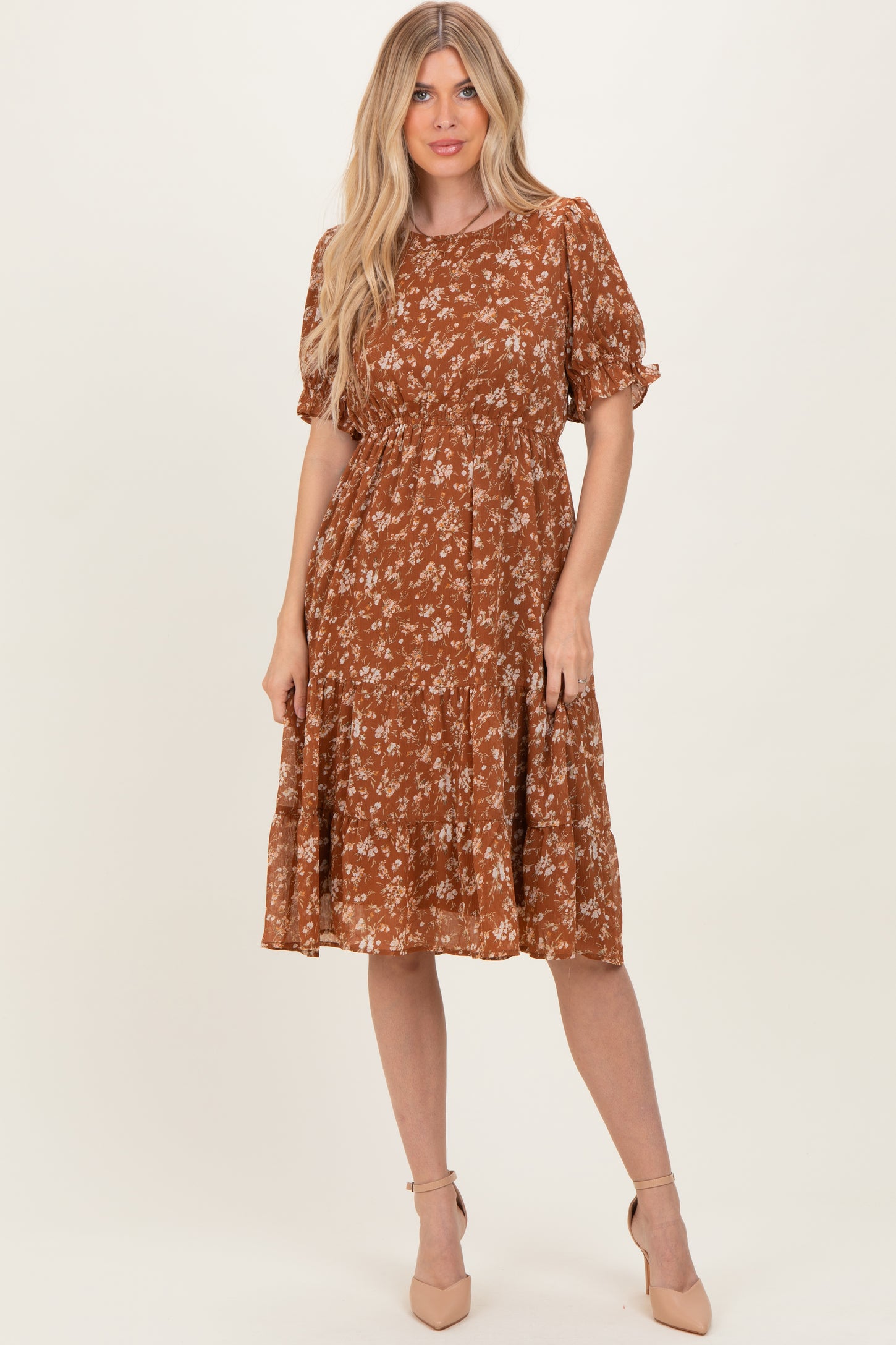 Rust Floral Short Sleeve Tiered Midi Dress