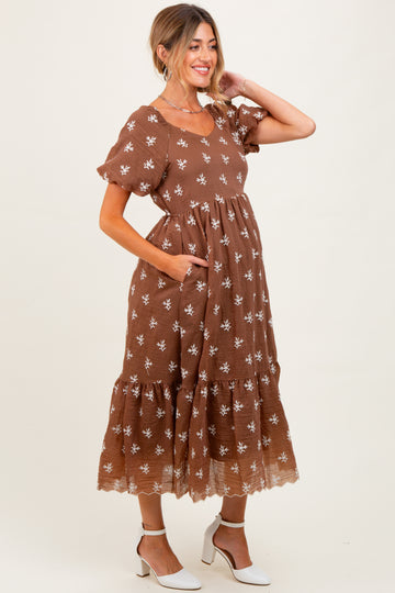 Brown Floral Embroidered Tiered Maternity Midi Dress