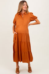 Camel Collared Button Down Tiered Maternity Midi Dress