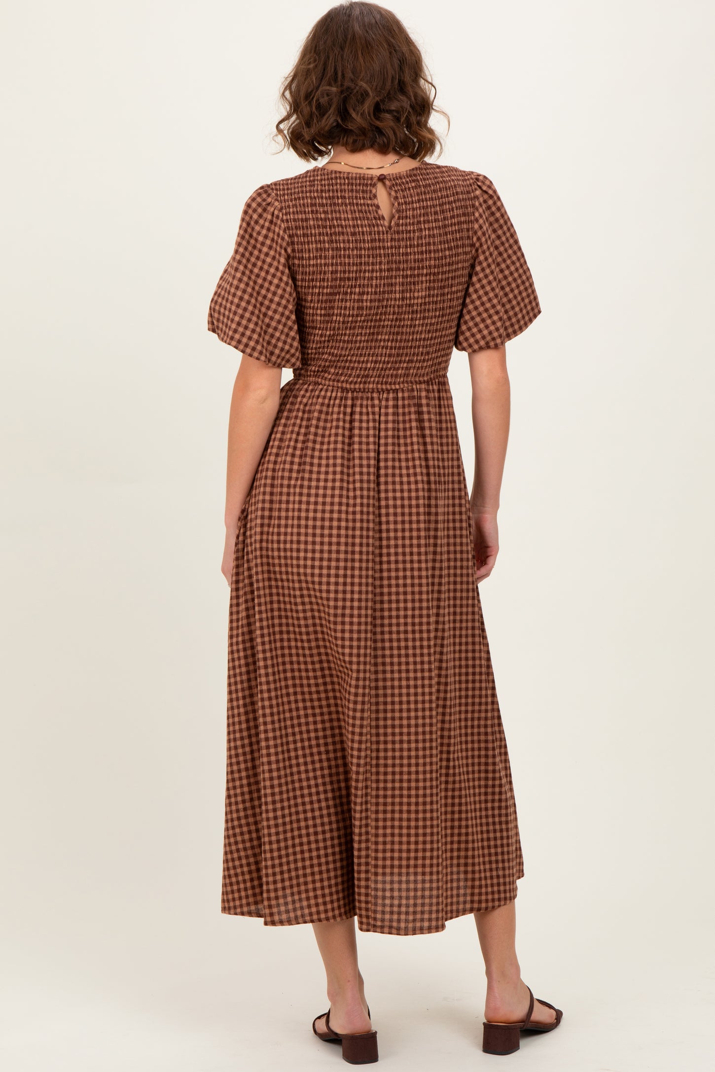 Brown Gingham Smocked Tiered Midi Dress