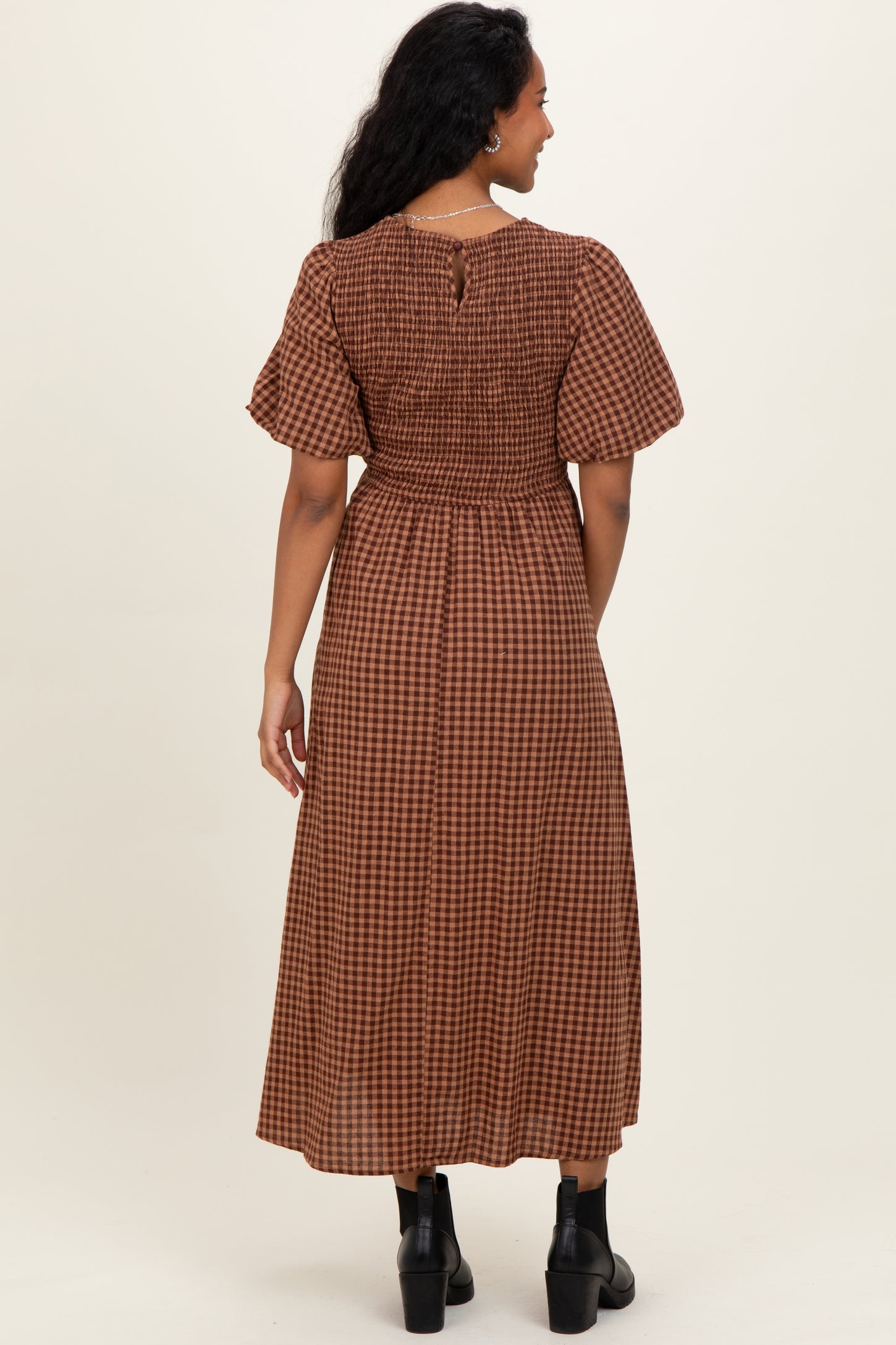 Brown Gingham Smocked Tiered Maternity Midi Dress