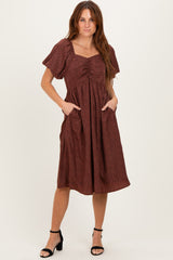 Brown Ruched Sweetheart Neck Maternity Dress
