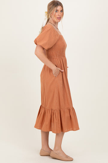 Camel Gingham Smocked Midi Dress