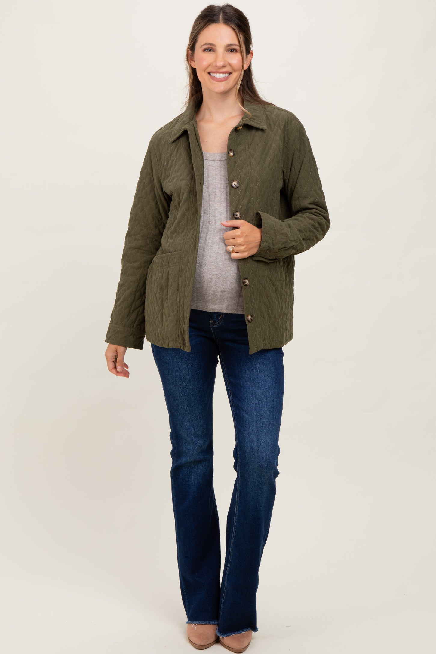 Olive Quilted Button Maternity Jacket