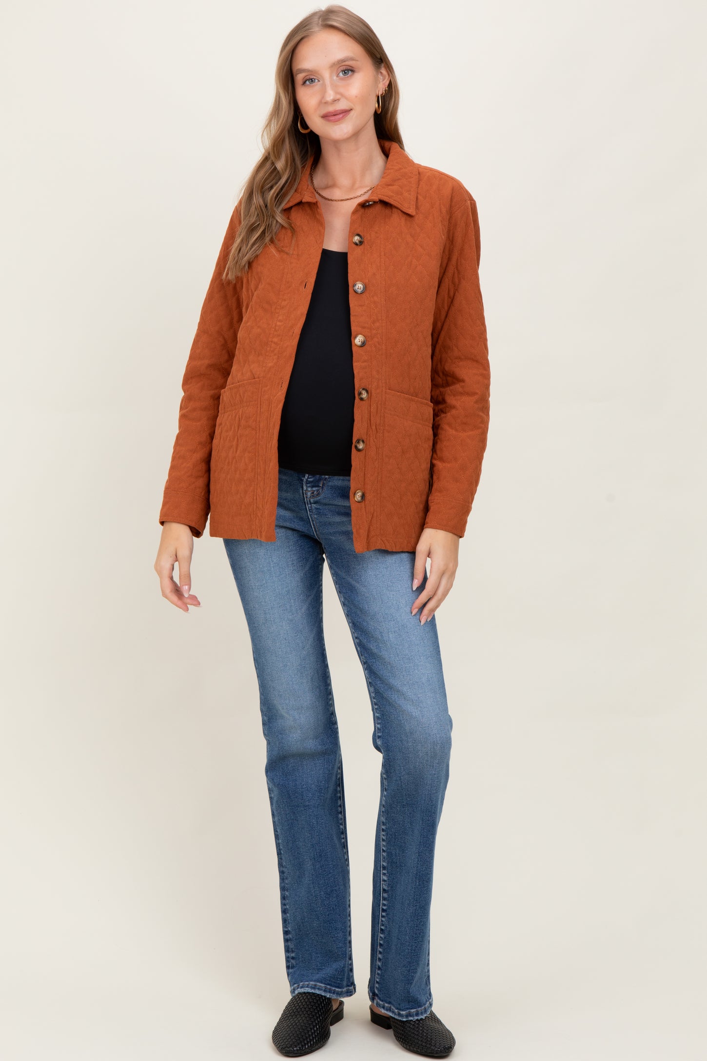 Rust Quilted Button Maternity Jacket