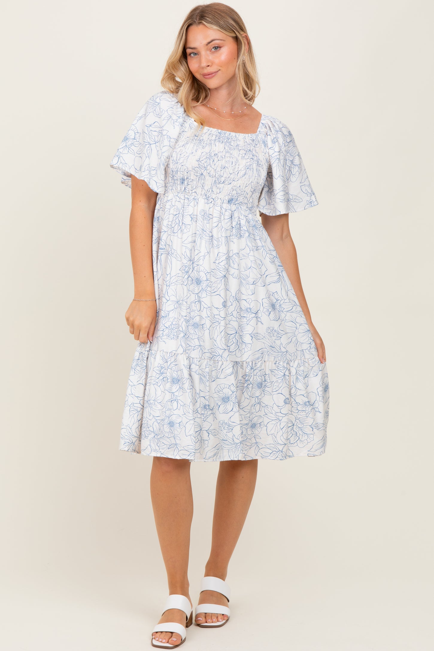 Ivory Floral Smocked Flutter Sleeve Midi Dress