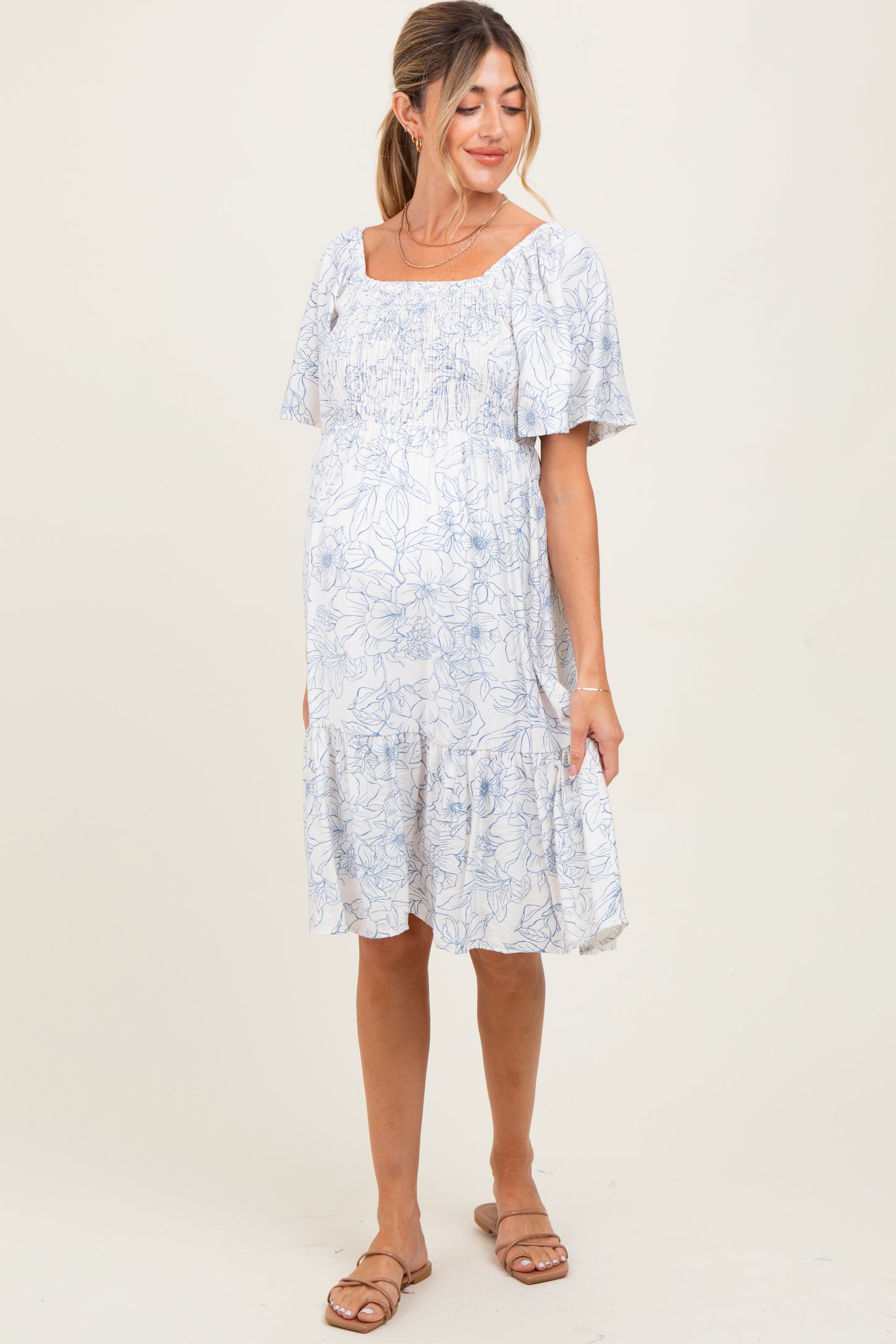 Ivory Floral Smocked Flutter Sleeve Maternity Midi Dress