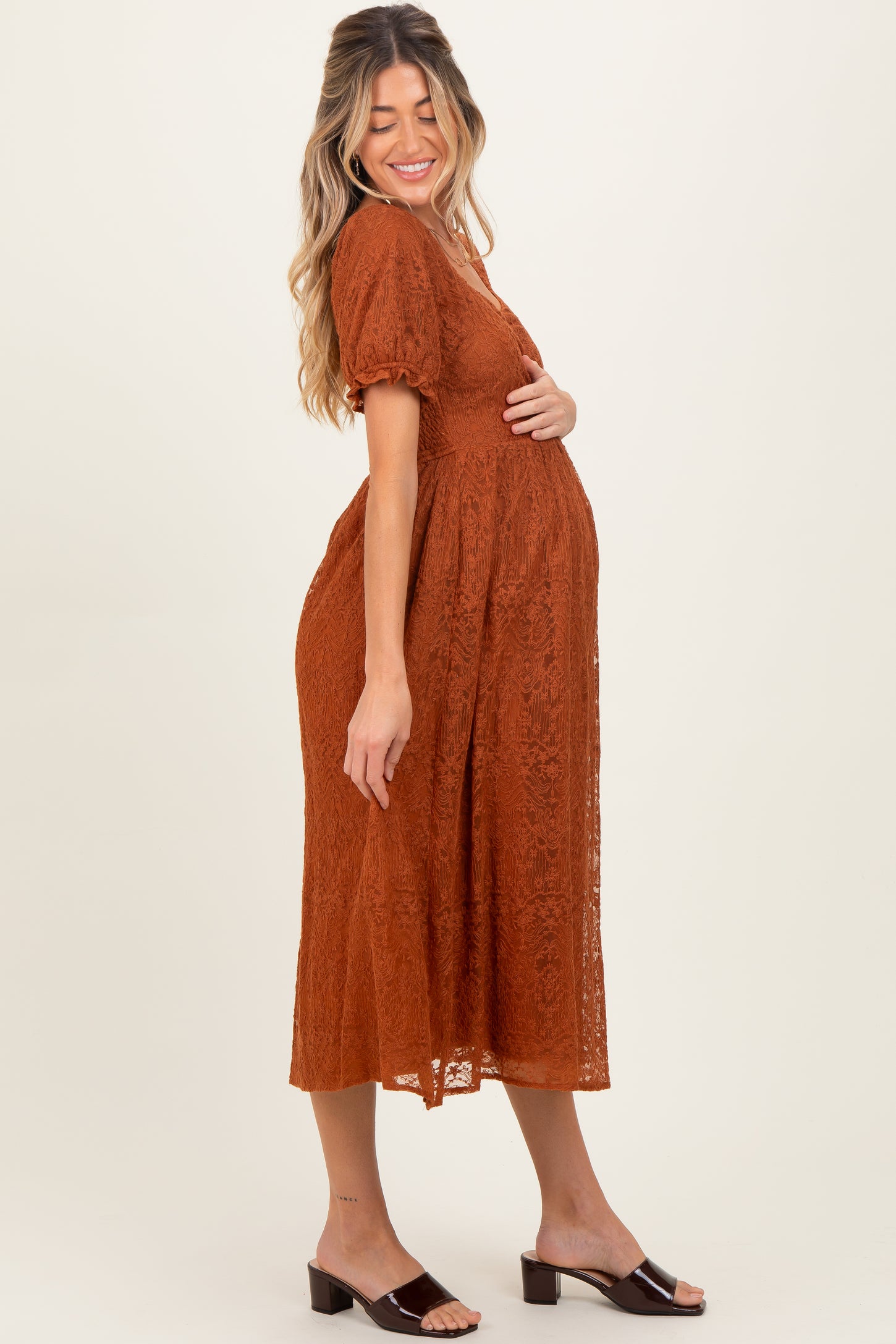 Rust Embroidered Mesh Short Sleeve Maternity Midi Dress