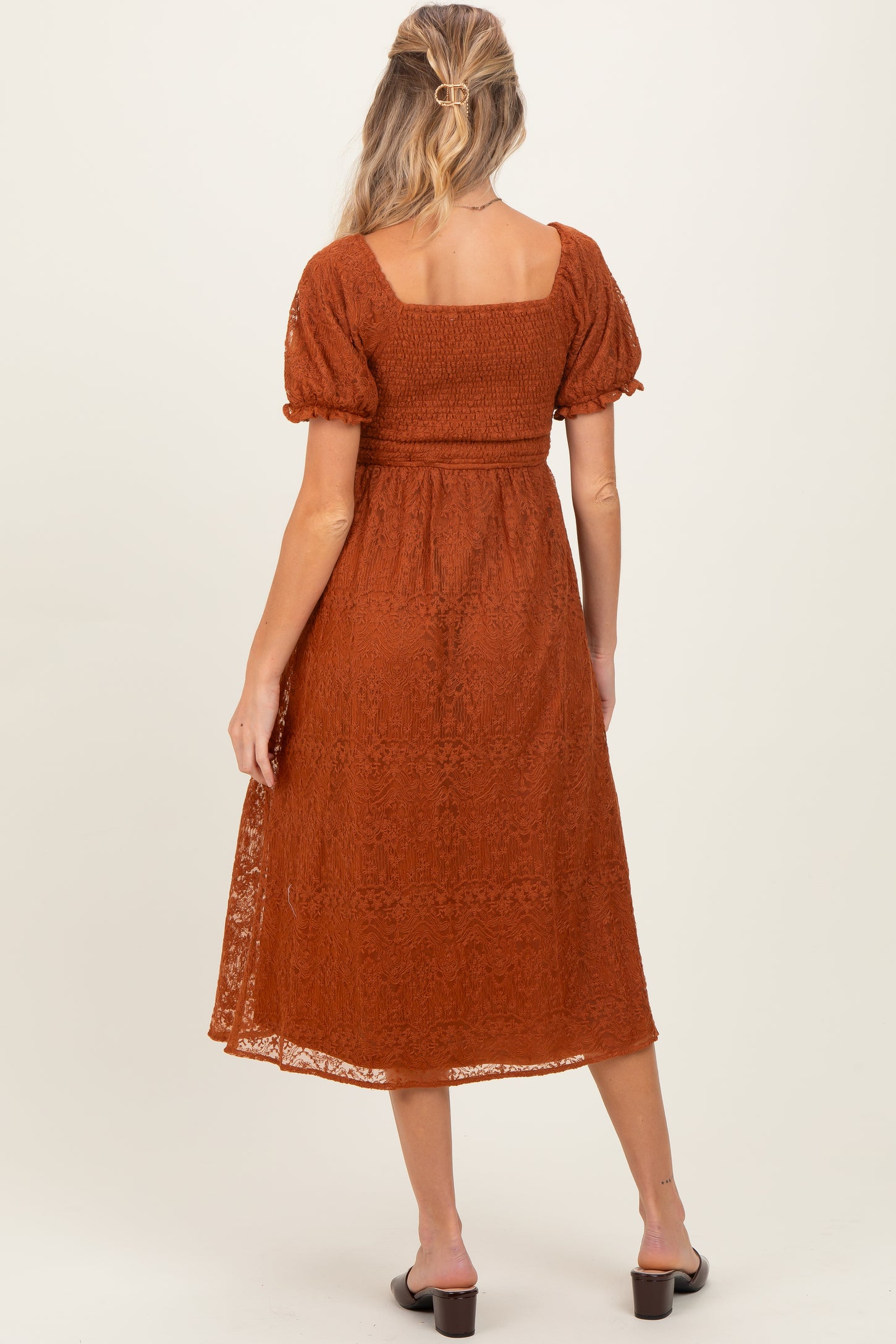 Rust Embroidered Mesh Short Sleeve Maternity Midi Dress
